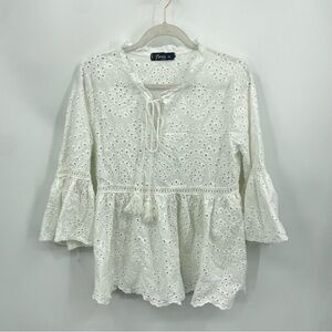 Zenara Women's White eyelet top bell sleeve embroidered - white, M